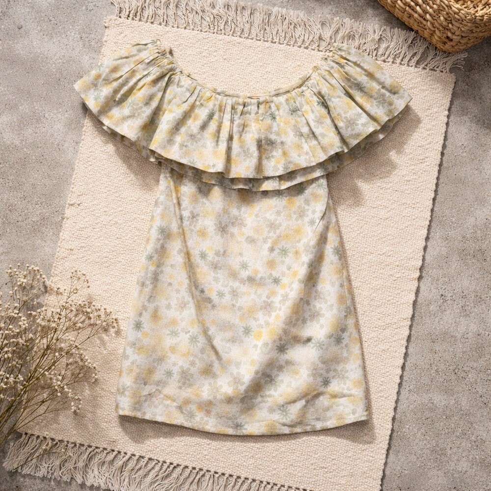 Camellia Dress Womens Size S Yellow Floral Off Shoulder Ruffle Mini Sundress - Picture 3 of 4